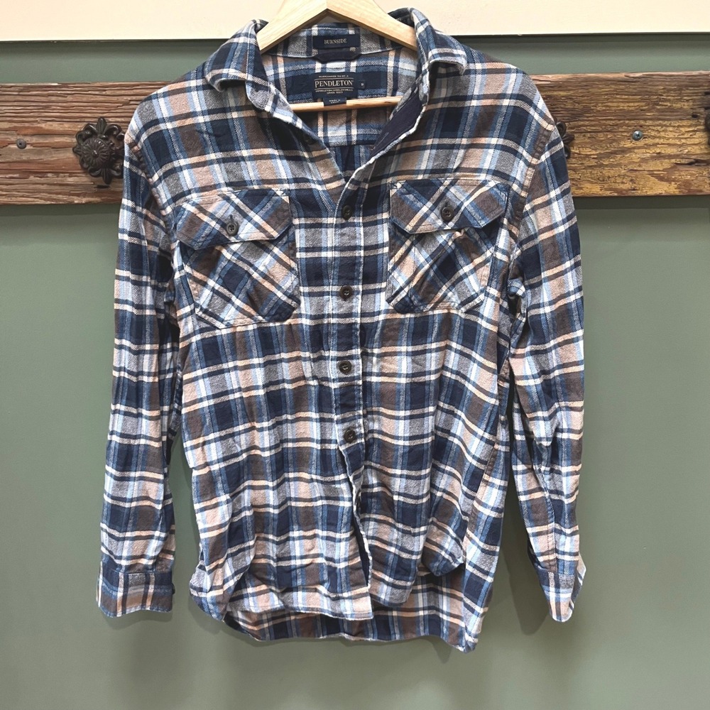 Pendleton Burnside Mens Small Blue Brown Plaid Cotton Flannel Button Down Shirt